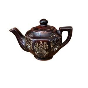 Betson Japan Hand painted Miniature Teapot Brown Gold Trim Floral w Lid Vintage